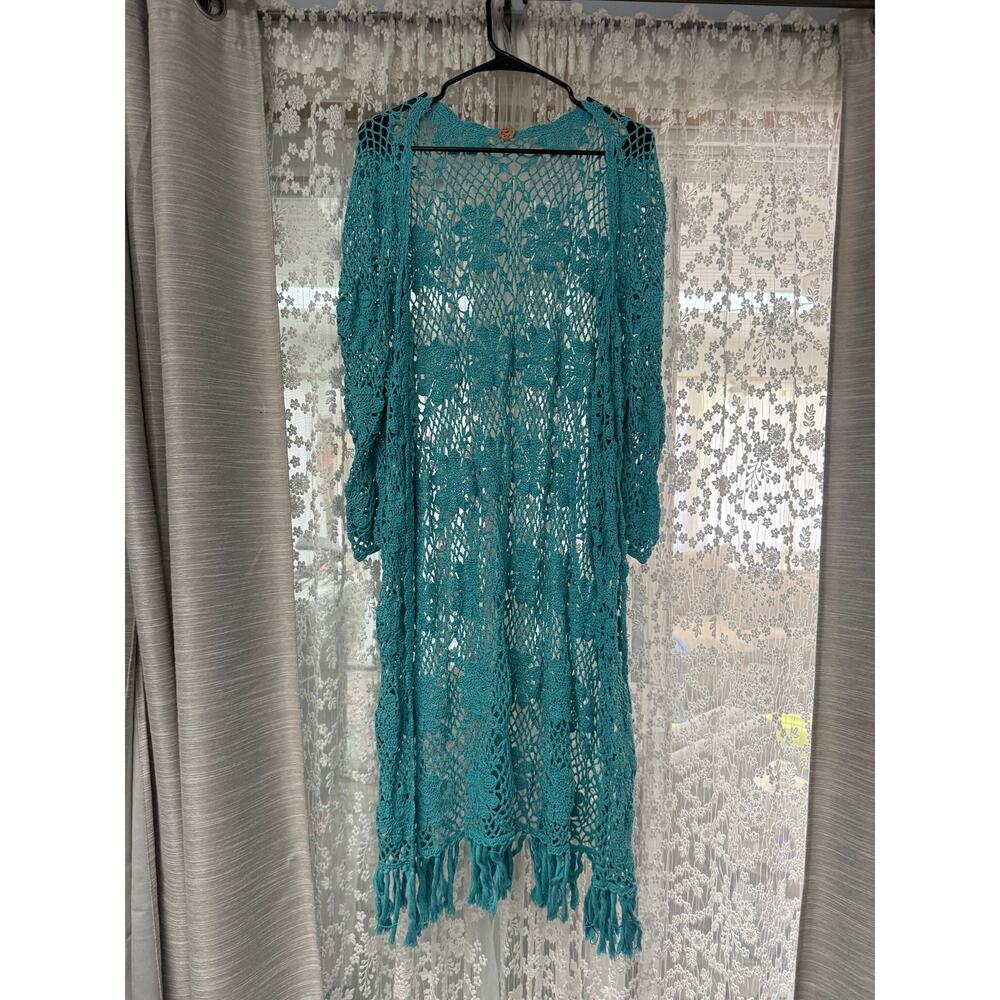 Teal floral crochet kimono cardigan festival duster